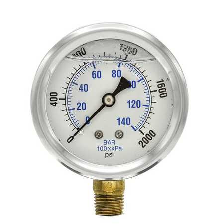Pic Gauges Pressure Gauge, 0 to 2000 psi, 1/4 in MNPT, Stainless Steel, Silver PRO-201L-254O