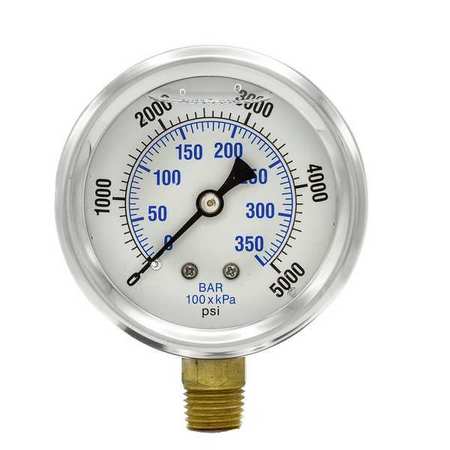 Pic Gauges Pressure Gauge, 0 to 5000 psi, 1/4 in MNPT, Stainless Steel, Silver PRO-201L-254R
