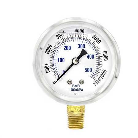 Pic Gauges Pressure Gauge, 0 to 7500 psi, 1/4 in MNPT, Stainless Steel, Silver PRO-201L-254T