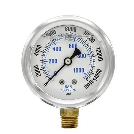 Pic Gauges Pressure Gauge, 0 to 15,000 psi, 1/4 in MNPT, Stainless Steel, Silver PRO-201L-254V