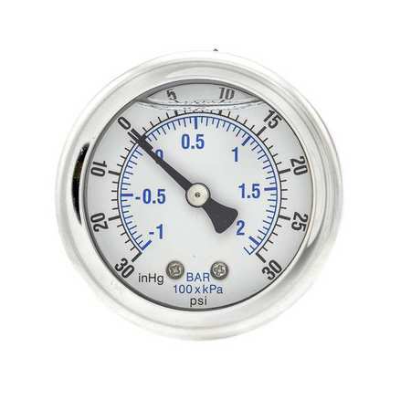 Pic Gauges Compound Gauge, -30 to 0 to 30 in Hg/psi, 1/4 in MNPT, Stainless Steel, Silver 202L-204CC