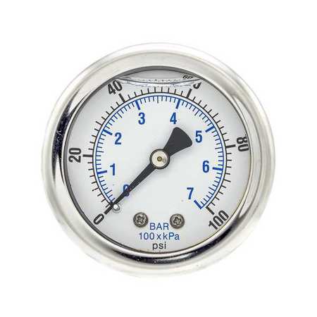 Pic Gauges Pressure Gauge, 0 to 100 psi, 1/4 in MNPT, Stainless Steel, Silver 202L-204E