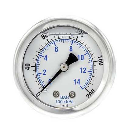 Pic Gauges Pressure Gauge, 0 to 200 psi, 1/4 in MNPT, Stainless Steel, Silver 202L-204G