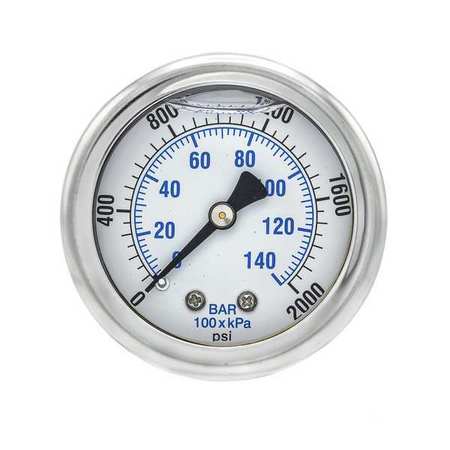 Pic Gauges Pressure Gauge, 0 to 2000 psi, 1/4 in MNPT, Stainless Steel, Silver 202L-204O