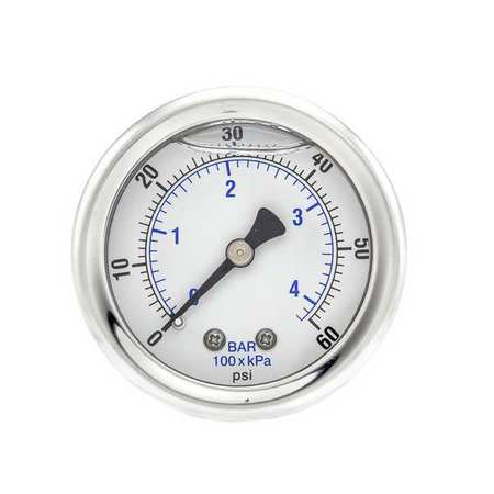 PIC GAUGES Pressure Gauge, 0 to 60 psi, 1/8 in MNPT, Stainless Steel, Silver 202L-208D