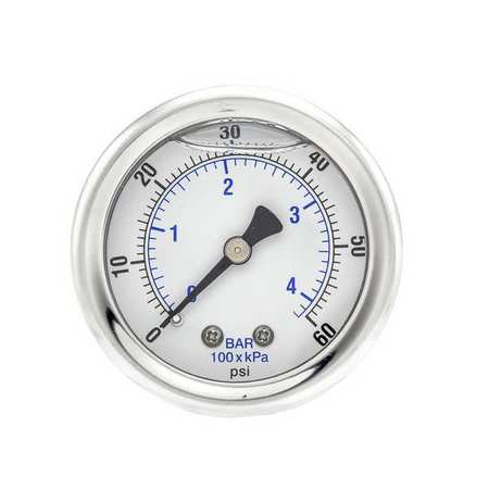 Pic Gauges Pressure Gauge, 0 to 60 psi, 1/8 in MNPT, Stainless Steel, Silver 202L-208D