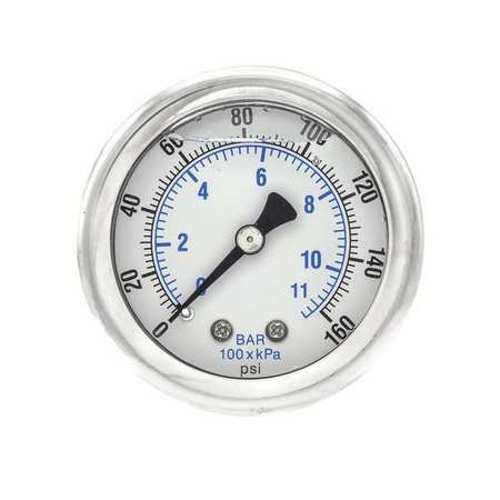 Pic Gauges Pressure Gauge, 0 to 160 psi, 1/8 in MNPT, Stainless Steel, Silver 202L-208F