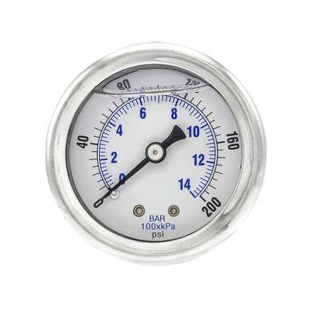 Pic Gauges Pressure Gauge, 0 to 200 psi, 1/8 in MNPT, Stainless Steel, Silver 202L-208G