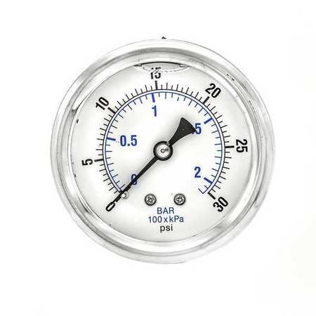 Pic Gauges Pressure Gauge, 0 to 30 psi, 1/4 in MNPT, Stainless Steel, Silver PRO-202L-254C