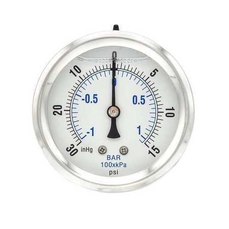 PIC GAUGES Compound Gauge, -30 to 0 to 15 in Hg/psi, 1/4 in MNPT, Stainless Steel, Silver PRO-202L-254CB