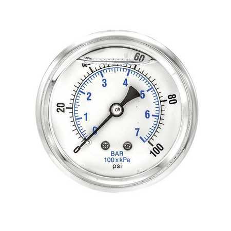 Pic Gauges Pressure Gauge, 0 to 100 psi, 1/4 in MNPT, Stainless Steel, Silver PRO-202L-254E