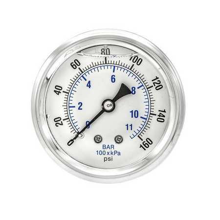 Pic Gauges Pressure Gauge, 0 to 160 psi, 1/4 in MNPT, Stainless Steel, Silver PRO-202L-254F