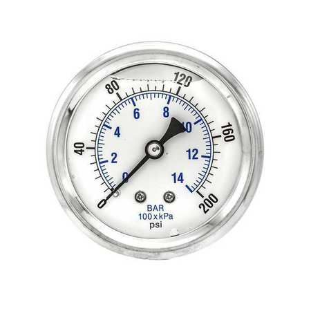 Pic Gauges Pressure Gauge, 0 to 200 psi, 1/4 in MNPT, Stainless Steel, Silver PRO-202L-254G