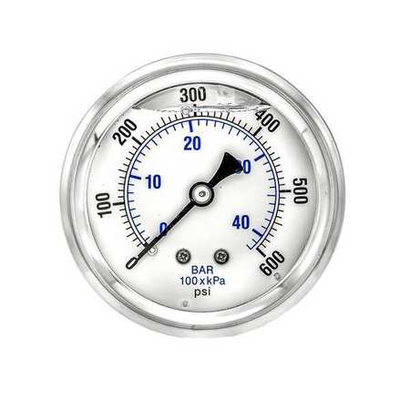 Pic Gauges Pressure Gauge, 0 to 600 psi, 1/4 in MNPT, Stainless Steel, Silver PRO-202L-254K