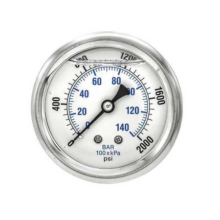 Pic Gauges Pressure Gauge, 0 to 2000 psi, 1/4 in MNPT, Stainless Steel, Silver PRO-202L-254O