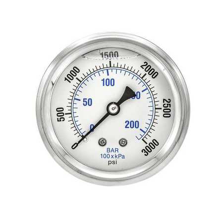 Pic Gauges Pressure Gauge, 0 to 3000 psi, 1/4 in MNPT, Stainless Steel, Silver PRO-202L-254P