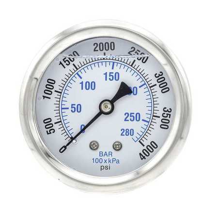 Pic Gauges Pressure Gauge, 0 to 4000 psi, 1/4 in MNPT, Stainless Steel, Silver PRO-202L-254Q
