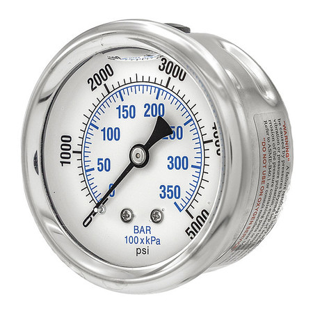 Pic Gauges Pressure Gauge, 0 to 5000 psi, 1/4 in MNPT, Stainless Steel, Silver PRO-202L-254R