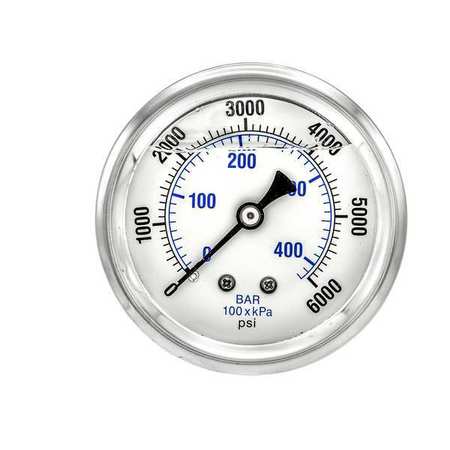 Pic Gauges Pressure Gauge, 0 to 6000 psi, 1/4 in MNPT, Stainless Steel, Silver PRO-202L-254S