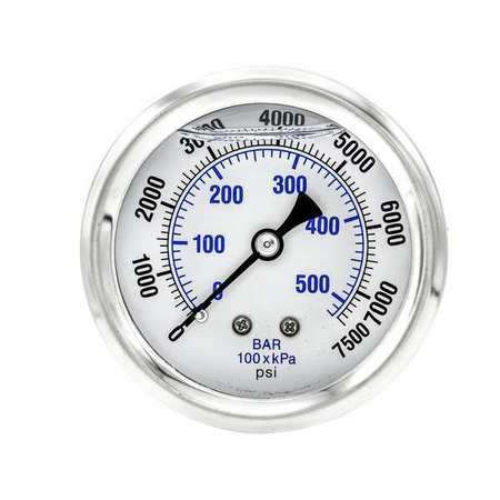 Pic Gauges Pressure Gauge, 0 to 7500 psi, 1/4 in MNPT, Stainless Steel, Silver PRO-202L-254T