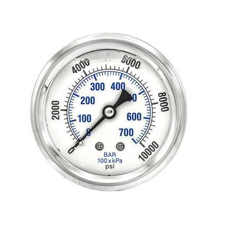 Pic Gauges Pressure Gauge, 0 to 10,000 psi, 1/4 in MNPT, Stainless Steel, Silver PRO-202L-254U