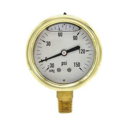 PIC GAUGES Compound Gauge, -30 to 0 to 150 in Hg/psi, 1/4 in MNPT, Brass, Gold 601L-254CF