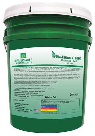 RENEWABLE LUBRICANTS 5 gal Pail, Hydraulic Oil, 100 ISO Viscosity, Not Specified SAE 81034