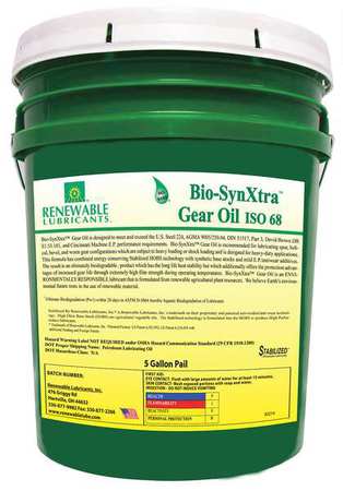 RENEWABLE LUBRICANTS 5 gal Bio-SynXtra Gear Oil Pail 68 ISO Viscosity, 80W85 SAE, Yellow 82414