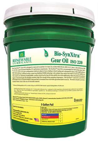 RENEWABLE LUBRICANTS 5 gal Bio-SynXtra Gear Oil Pail 220 ISO Viscosity, 80W140 SAE, Yellow 82444