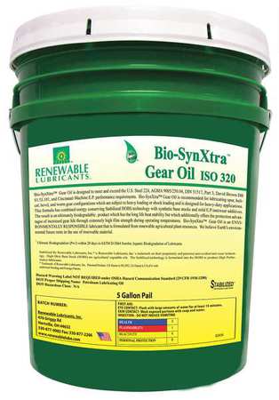 RENEWABLE LUBRICANTS 5 gal Bio-SynXtra Gear Oil Pail 320 ISO Viscosity, 85W140 SAE, Yellow 82454