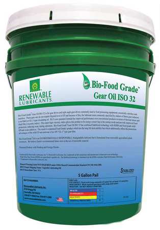 RENEWABLE LUBRICANTS 5 gal Bio-Food Grade Gear Oil Pail 32 ISO Viscosity, Light Amber 87204