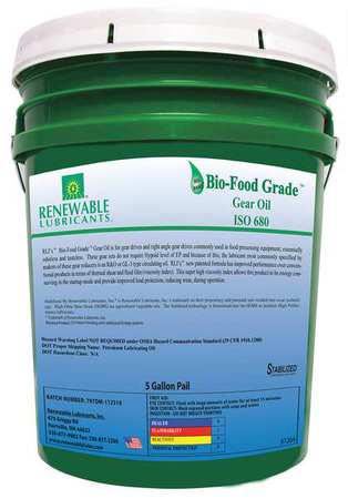 RENEWABLE LUBRICANTS 5 gal Bio-Food Grade Gear Oil Pail 680 ISO Viscosity, Light Amber 87284