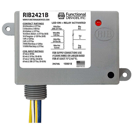 Functional Devices-Rib Enclosed Pre-Wired Relay, 20A@277VAC, SPDT RIB2421B