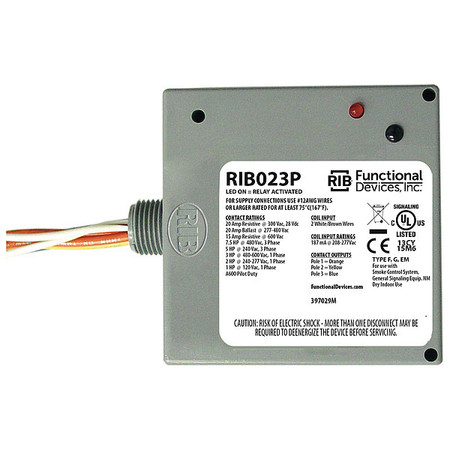 FUNCTIONAL DEVICES-RIB Enclosed Pre-Wired Relay, 20A@300VAC, 3PST RIB023P