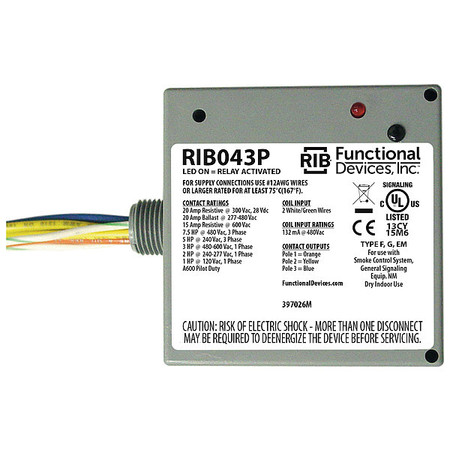 FUNCTIONAL DEVICES-RIB Enclosed Pre-Wired Relay, 20A@300VAC, 3PST RIB043P