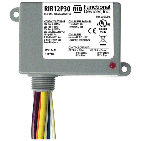Functional Devices-Rib Enclosed Pre-Wired Relay, 30A@300VAC, DPDT RIB12P30