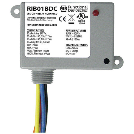 Functional Devices-Rib Enclosed Pre-Wired Relay, 20A@277VAC, SPDT RIB01BDC