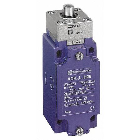 TELEMECANIQUE SENSORS Heavy Duty Limit Switch, Plunger, 1NC/1NO, 4A @ 240V AC, Actuator Location: Top XCKJ161D