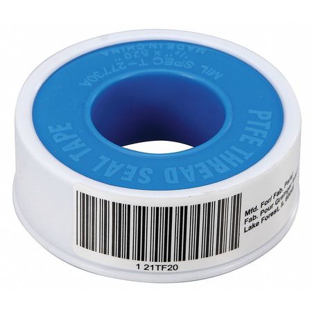 Zoro Select PTFE Thread Sealant Tape, Low Density, 1/2 in W x 43 ft L, White,  21TF20