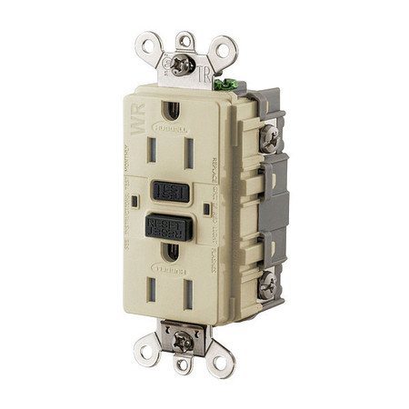 HUBBELL GFCI Receptacle, 15A, 125VAC, 5-15R, Ivory GFSG5262I
