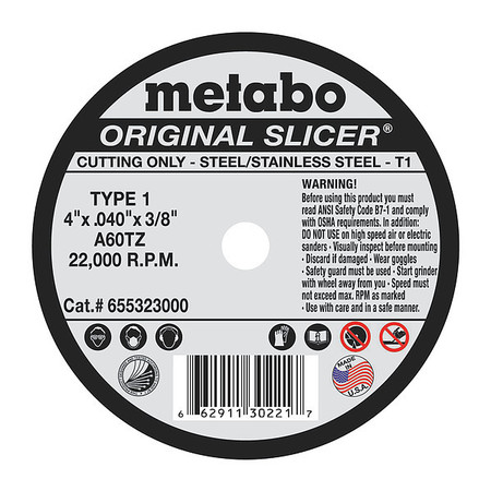METABO Cutting Wheel, T1, A60TZ, 4"X0.040"X3/8" 655323000