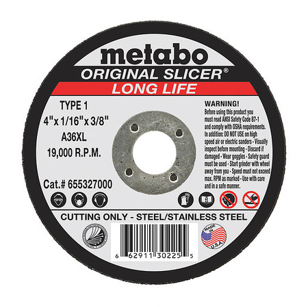 METABO Cutting Wheel, T1, A36XL, 4"X1/16"X3/8" 655327000
