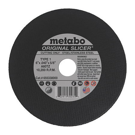 METABO Cutting Wheel, T1, A60TZ, 6"X0.040"X5/8" 655338000