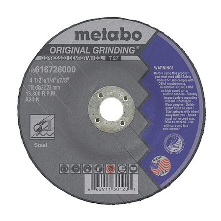 Metabo Grinding Wheel, T27, A24N, 4.5"X1/4"X7/8" US616726000