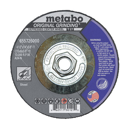 METABO Grinding Wheel, T27, A24N, 4.5X1/4"X5/8"-11 655726000