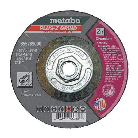 METABO Grinding Wheel, T27, ZA24T, 4.5X1/4X5/8"-11 655785000