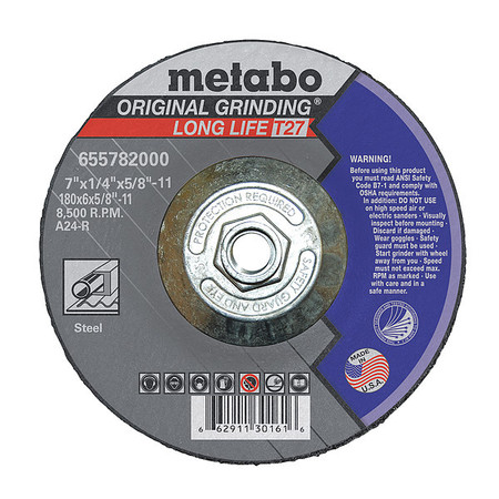 METABO Grinding Wheel, T27, A24R, 7"X1/4"X5/8"-11 655782000