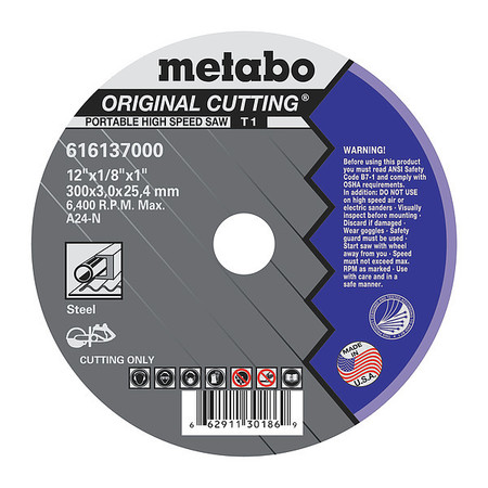 METABO CutOff Wheel, T1, A24N, 12"X1/8"X1" US616137000