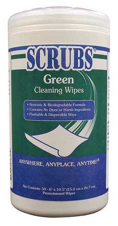 Scrubs Green Cleaning Wipes, White, Canister, Biodegradable, 50 Wipes, 6 in x 10-1/2 in, Citrus, 6 PK 918564949001