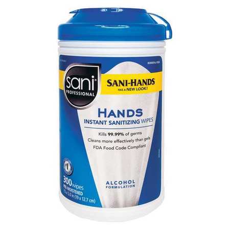 Sani Professional Hand Sanitizing Wipes, White, Canister, 300 Wipes, 5-1/2 in x 7-1/2 in, Alcohol, 6 PK P92084